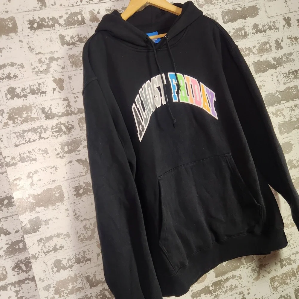 Friday Beers Almost Friday‎ Hoodie Men's XL Black Colorful Graphic Sweatshirt